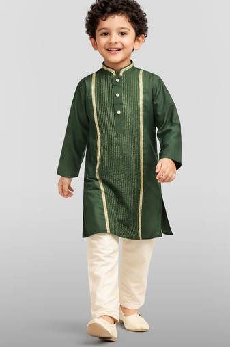 Boy's dark green silk blend embroidered knee length kurta and pyjama set