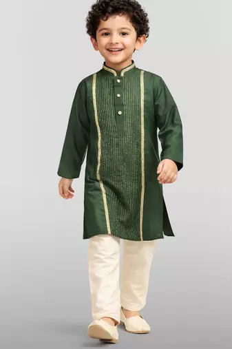 Boy's dark green silk blend embroidered knee length kurta and pyjama set