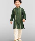 Boy's dark green silk blend embroidered knee length kurta and pyjama set
