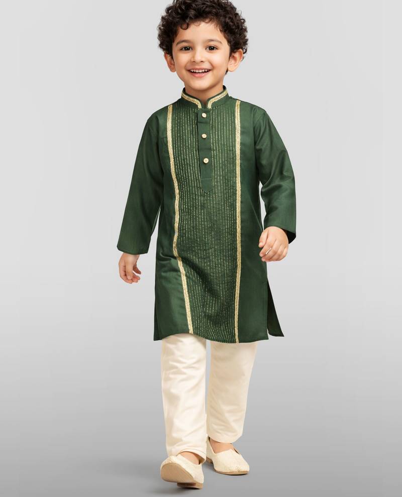 Boy's dark green silk blend embroidered knee length kurta and pyjama set