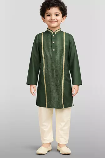 Boy's dark green silk blend embroidered knee length kurta and pyjama set