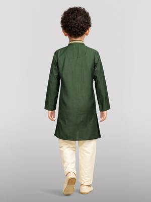 Boy's dark green silk blend embroidered knee length kurta and pyjama set 3
