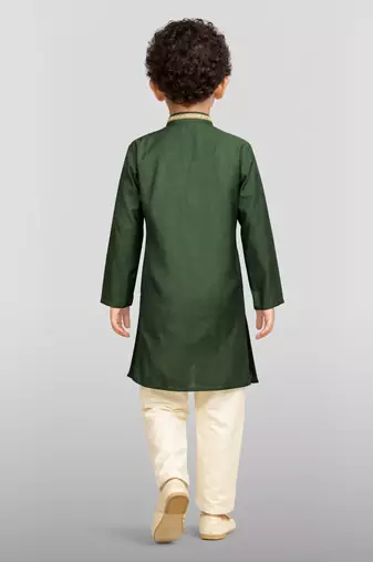 Boy's dark green silk blend embroidered knee length kurta and pyjama set