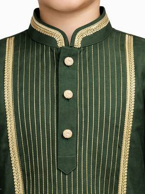 Boy's dark green silk blend embroidered knee length kurta and pyjama set 4