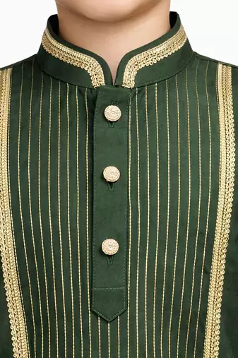 Boy's dark green silk blend embroidered knee length kurta and pyjama set