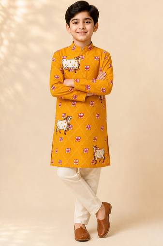 Boy's mustard rayon ethnic motifs knee length kurta and pyjama