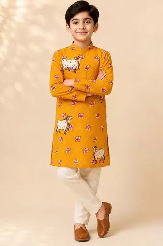 Boy's mustard rayon ethnic motifs knee length kurta and pyjama