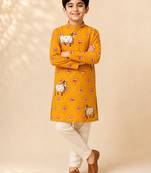 Boy's mustard rayon ethnic motifs knee length kurta and pyjama