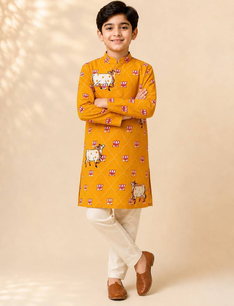 Boy's mustard rayon ethnic motifs knee length kurta and pyjama