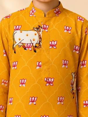 Boy's mustard rayon ethnic motifs knee length kurta and pyjama 2