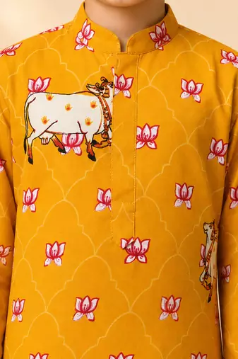 Boy's mustard rayon ethnic motifs knee length kurta and pyjama