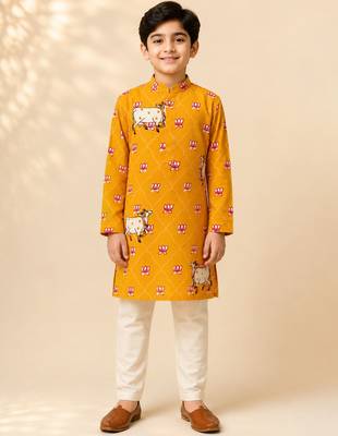 Boy's mustard rayon ethnic motifs knee length kurta and pyjama 3