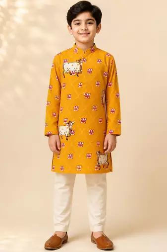 Boy's mustard rayon ethnic motifs knee length kurta and pyjama
