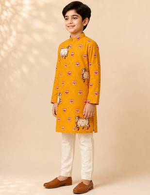 Boy's mustard rayon ethnic motifs knee length kurta and pyjama 4