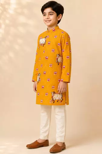 Boy's mustard rayon ethnic motifs knee length kurta and pyjama