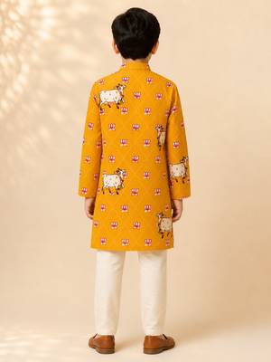 Boy's mustard rayon ethnic motifs knee length kurta and pyjama 5