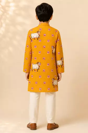 Boy's mustard rayon ethnic motifs knee length kurta and pyjama