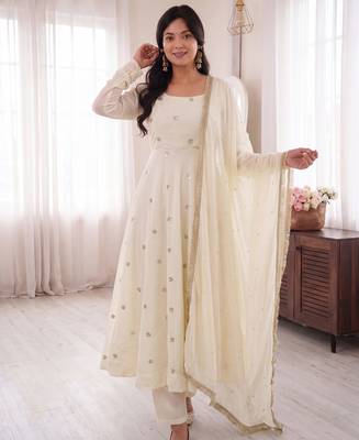 Ivory embroidered french crepe silk gown suit set 1