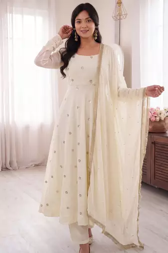 Ivory embroidered french crepe silk gown suit set