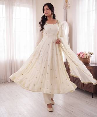 Ivory embroidered french crepe silk gown suit set 2