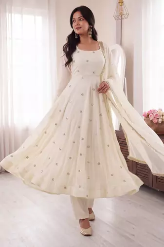 Ivory embroidered french crepe silk gown suit set