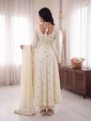 Ivory embroidered french crepe silk gown suit set 3