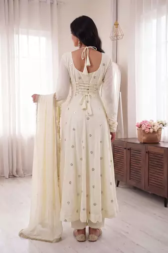Ivory embroidered french crepe silk gown suit set