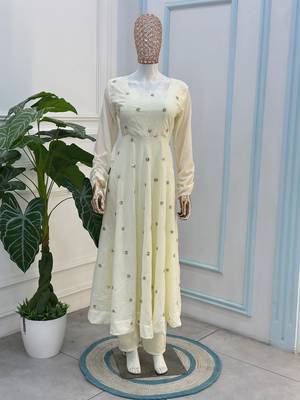 Ivory embroidered french crepe silk gown suit set 4