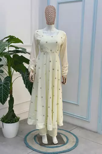 Ivory embroidered french crepe silk gown suit set