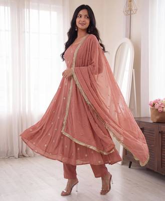 Rose embroidered french crepe silk gown suit set 1