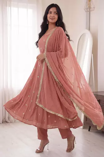 Rose embroidered french crepe silk gown suit set