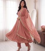 Rose embroidered french crepe silk gown suit set