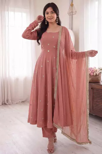 Rose embroidered french crepe silk gown suit set