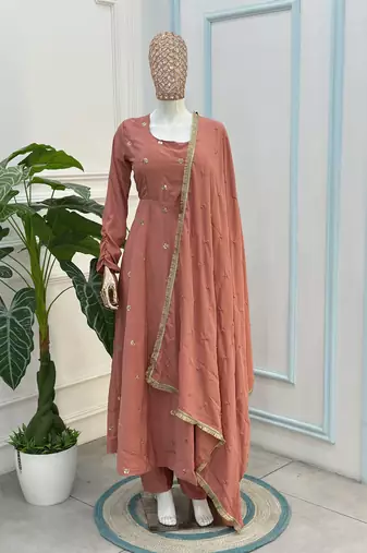 Rose embroidered french crepe silk gown suit set