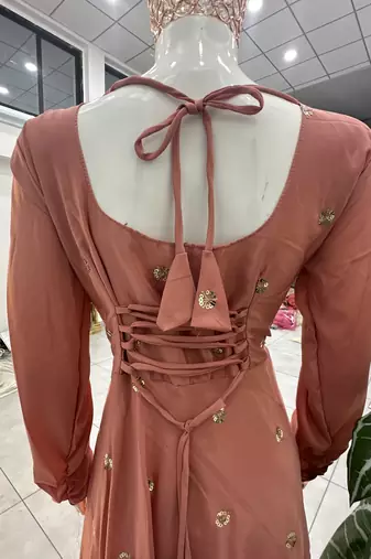 Rose embroidered french crepe silk gown suit set