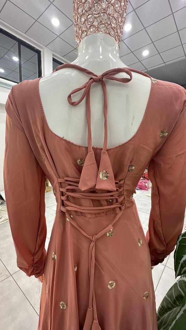 Rose embroidered french crepe silk gown suit set