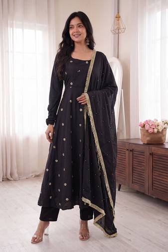 Black embroidered french crepe silk gown suit set