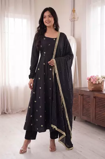 Black embroidered french crepe silk gown suit set