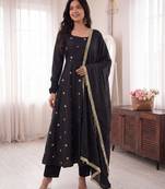 Black embroidered french crepe silk gown suit set
