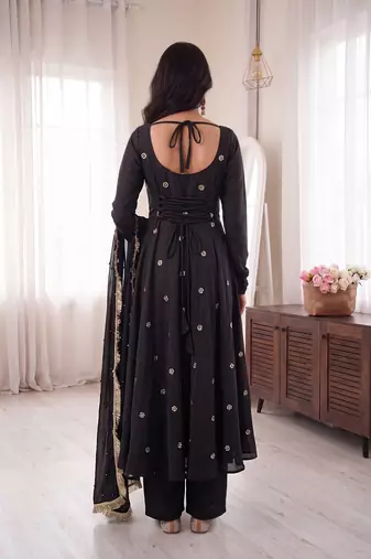 Black embroidered french crepe silk gown suit set