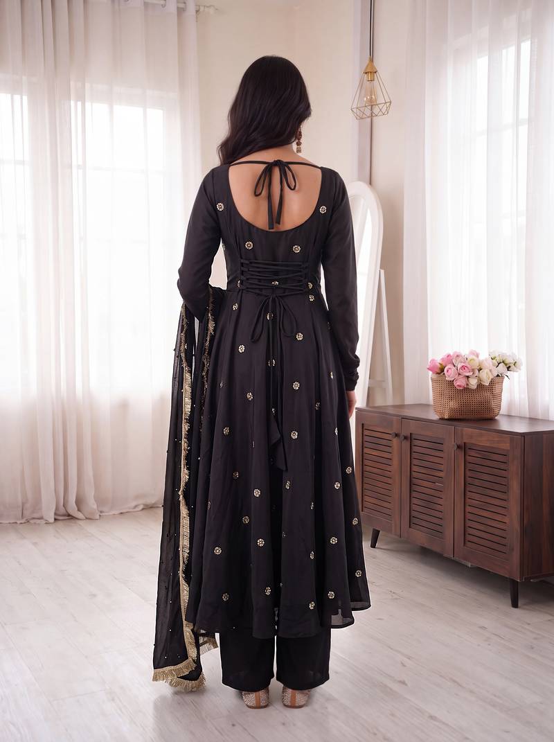 Black embroidered french crepe silk gown suit set