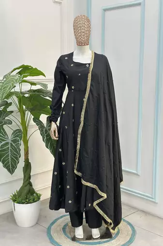 Black embroidered french crepe silk gown suit set