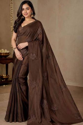 Brown color silk blend val beads work saree