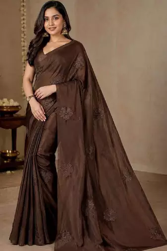Brown color silk blend val beads work saree