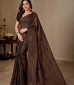 Brown color silk blend val beads work saree