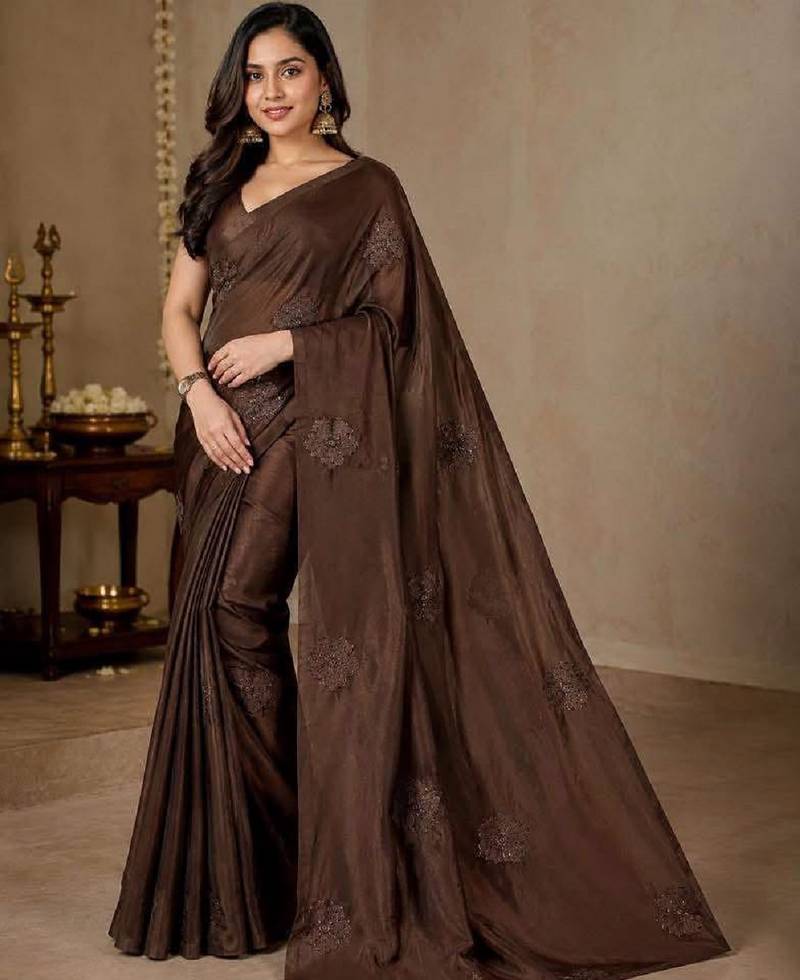 Brown color silk blend val beads work saree