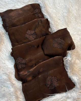 Brown color silk blend val beads work saree 4