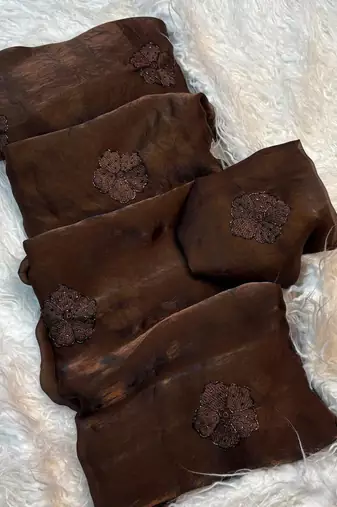 Brown color silk blend val beads work saree
