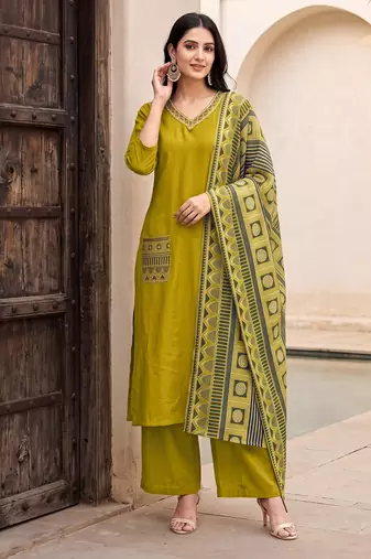 Green premium mal chanderi star cut embroidered kurta set with pant & cotton printed dupatta
