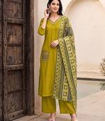 Green premium mal chanderi star cut embroidered kurta set with pant & cotton printed dupatta
